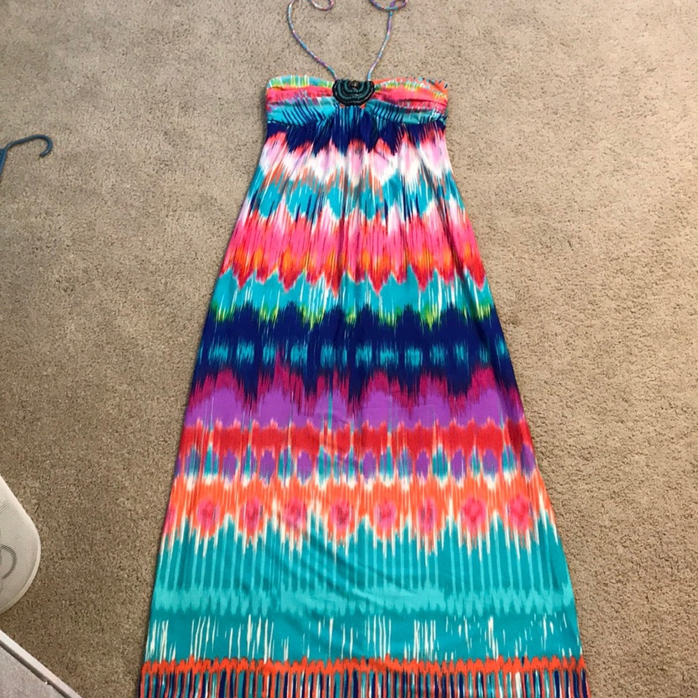 Long multi colored dress with ties around neck